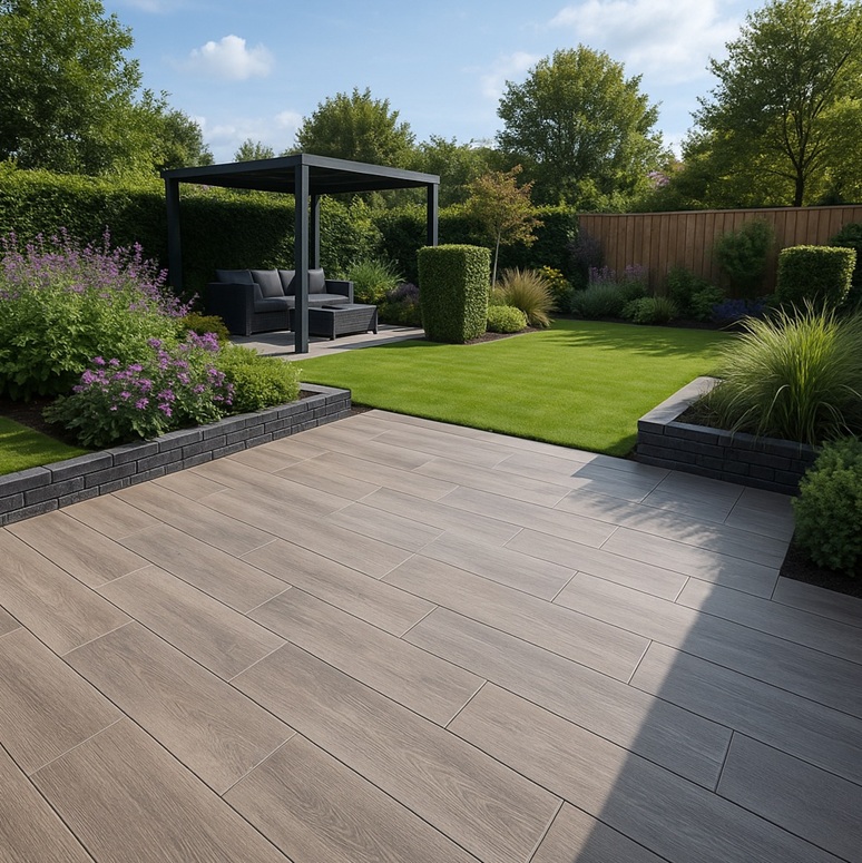 Tuin met laminaat achtige tegels